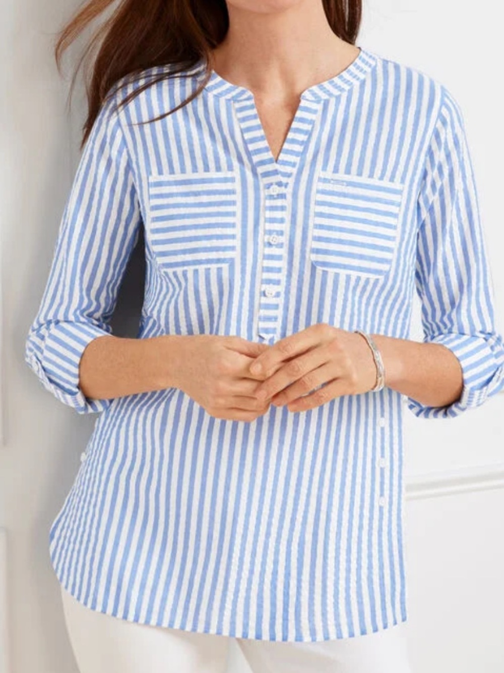 TALBOTS METALLIC SEERSUCKER SIDE
BUTTON CAMP SHIRT L